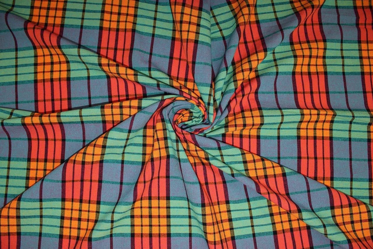 Madras Plaid Cotton Dobby - Apricot/Orange/Green/Blue