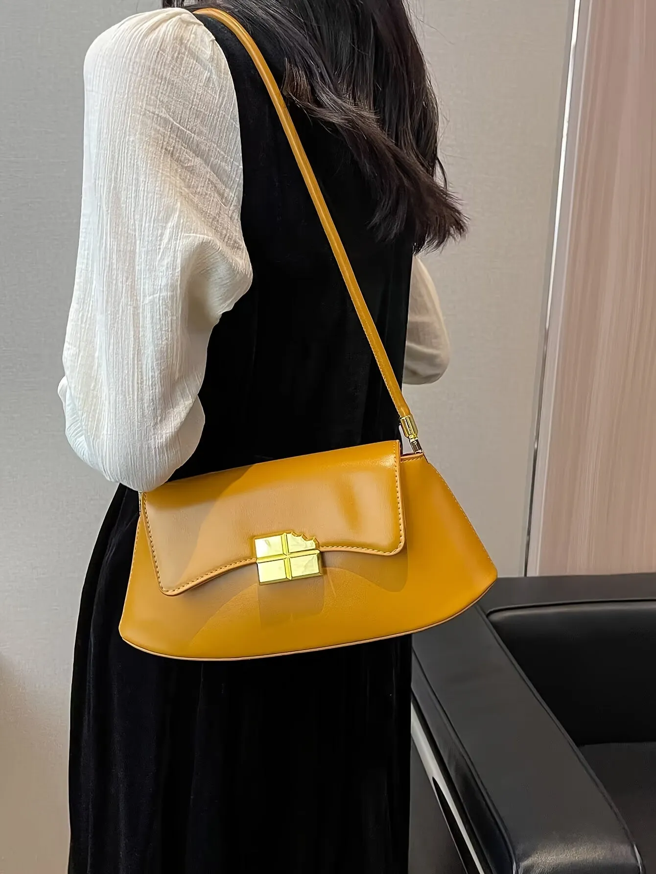 Minimalist Baguette Bag, Fashion Niche Shoulder Purse, Metal Decor Handbag For Women