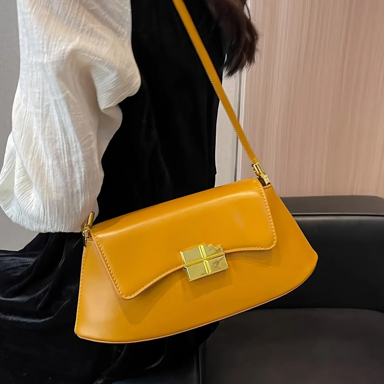 Minimalist Baguette Bag, Fashion Niche Shoulder Purse, Metal Decor Handbag For Women