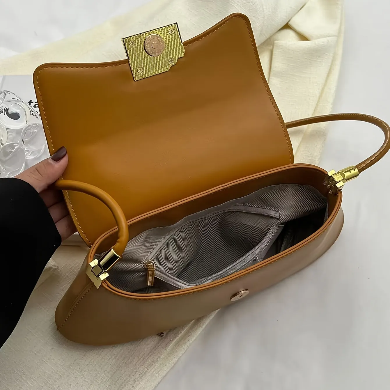 Minimalist Baguette Bag, Fashion Niche Shoulder Purse, Metal Decor Handbag For Women