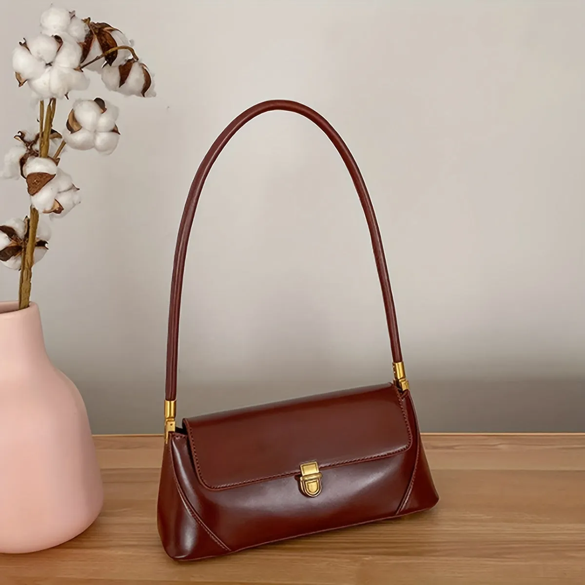 Minimalist Solid Color Baguette Bag, Classic Shoulder Purse, Textured Women's Underarm Bag