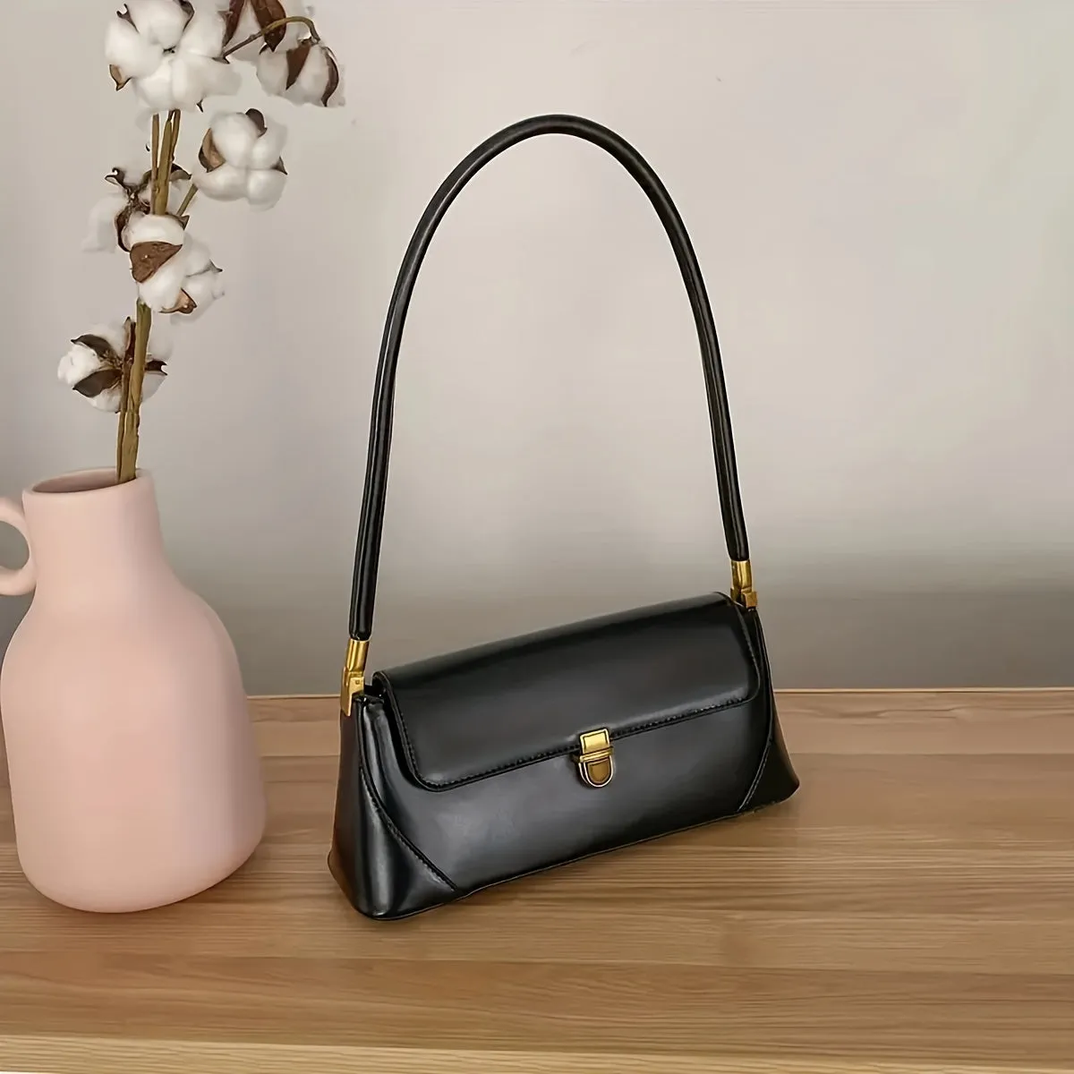 Minimalist Solid Color Baguette Bag, Classic Shoulder Purse, Textured Women's Underarm Bag