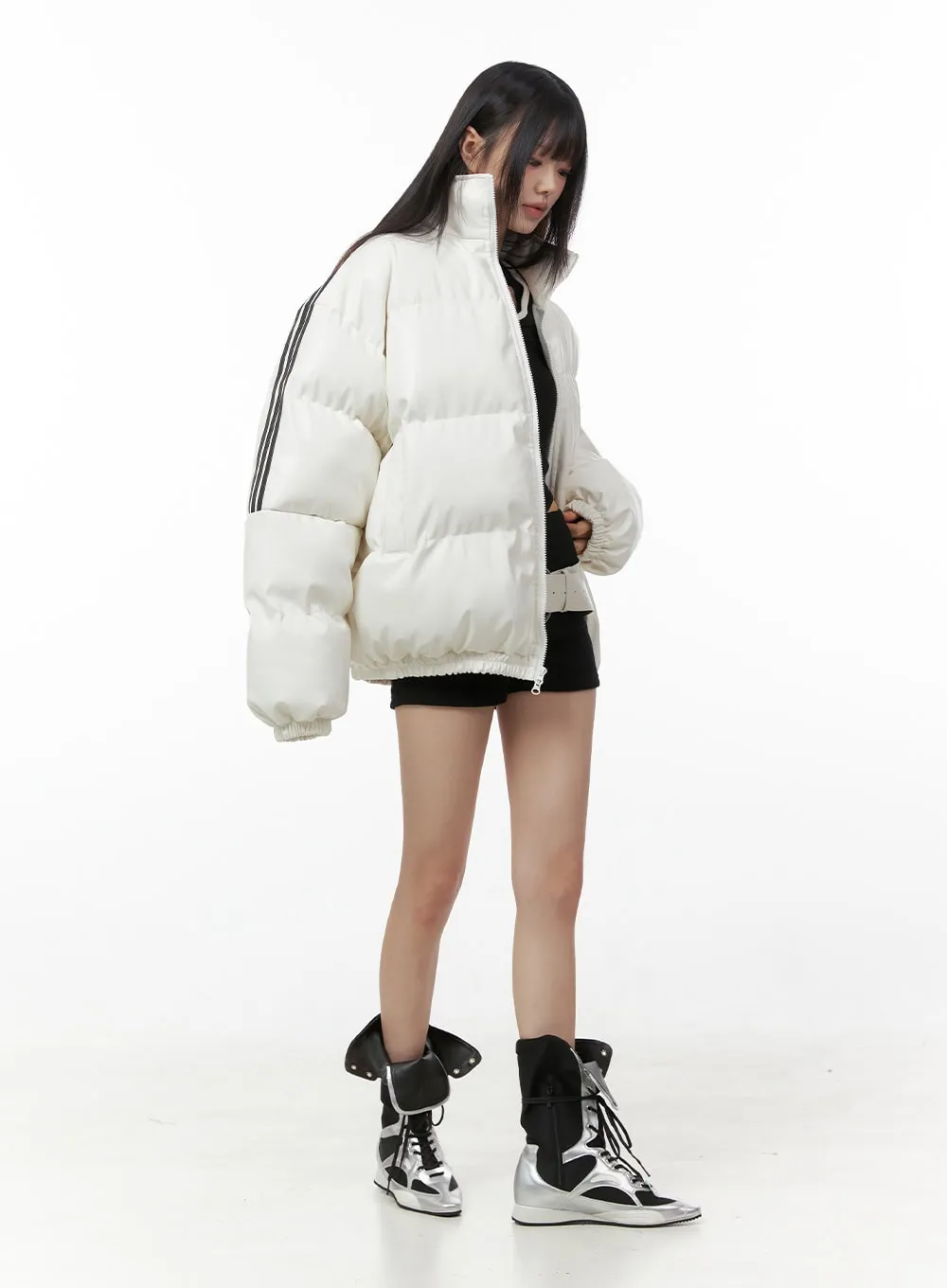 Oversized Stripe Leather Padded Coat IO430