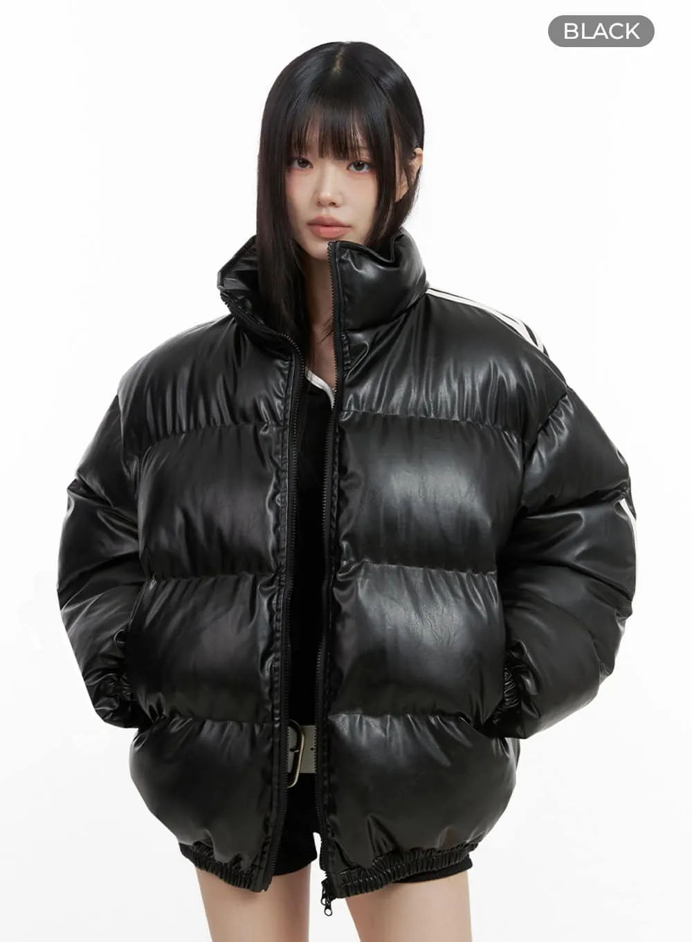 Oversized Stripe Leather Padded Coat IO430