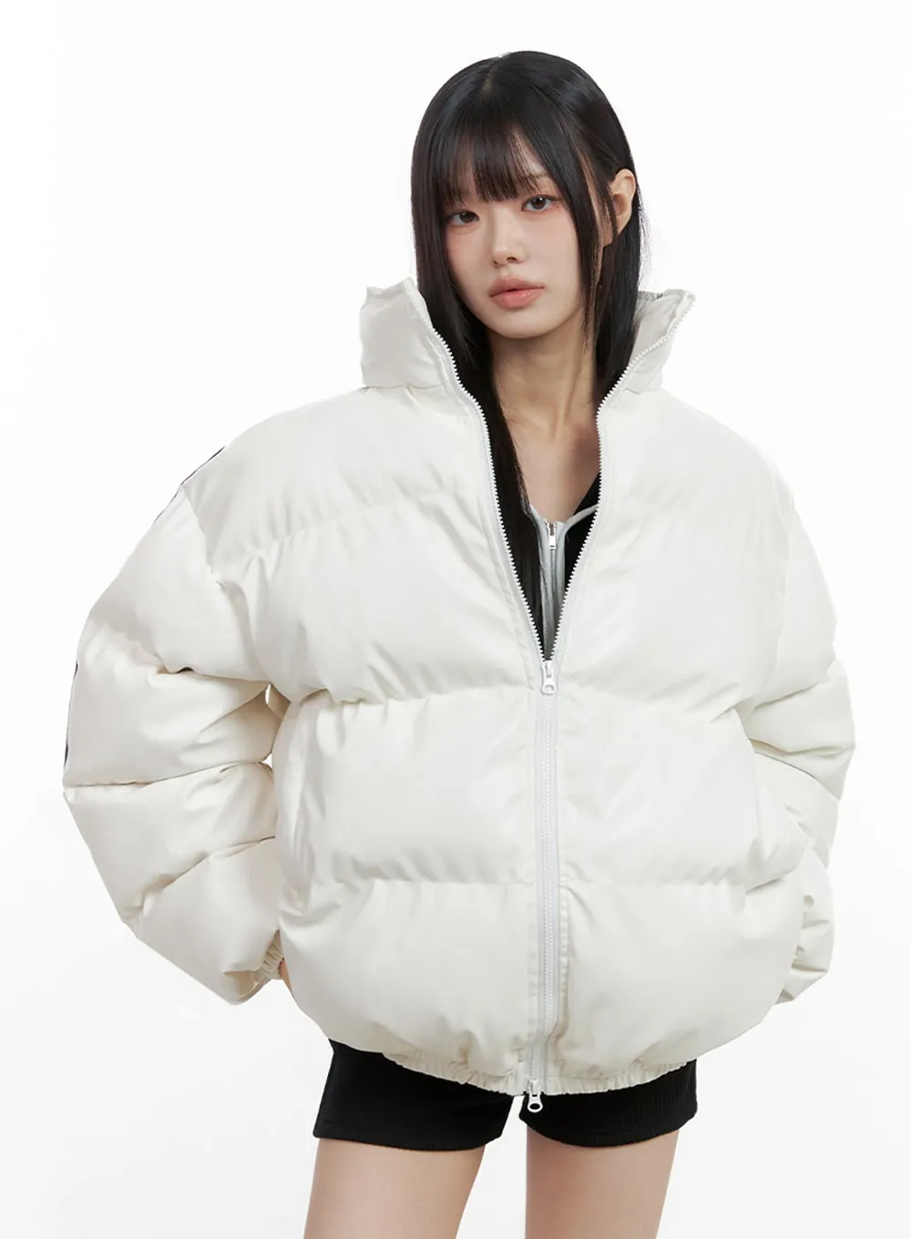 Oversized Stripe Leather Padded Coat IO430