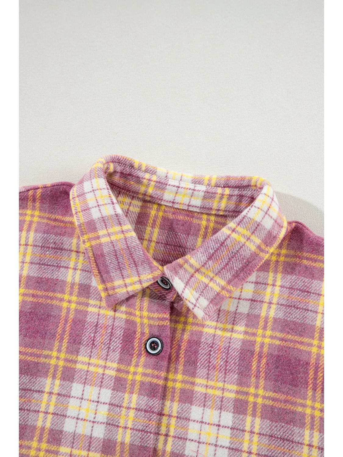 Pink Plaid Print Chest Pocket Long Sleeve Shacket