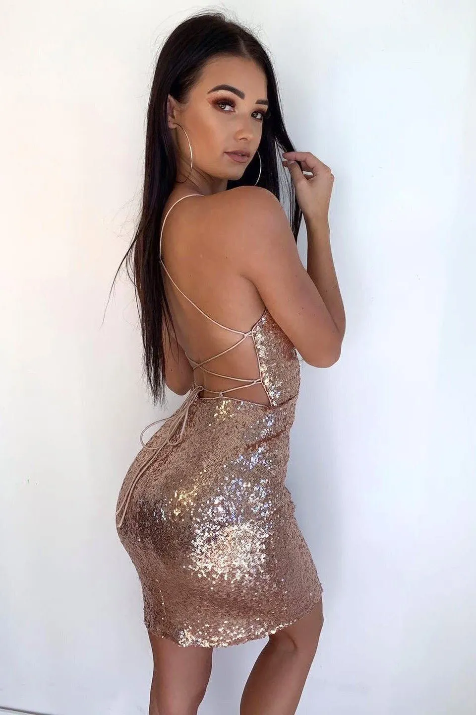 RIO Lace Up Back Sequin Mini Dress - Rose Gold