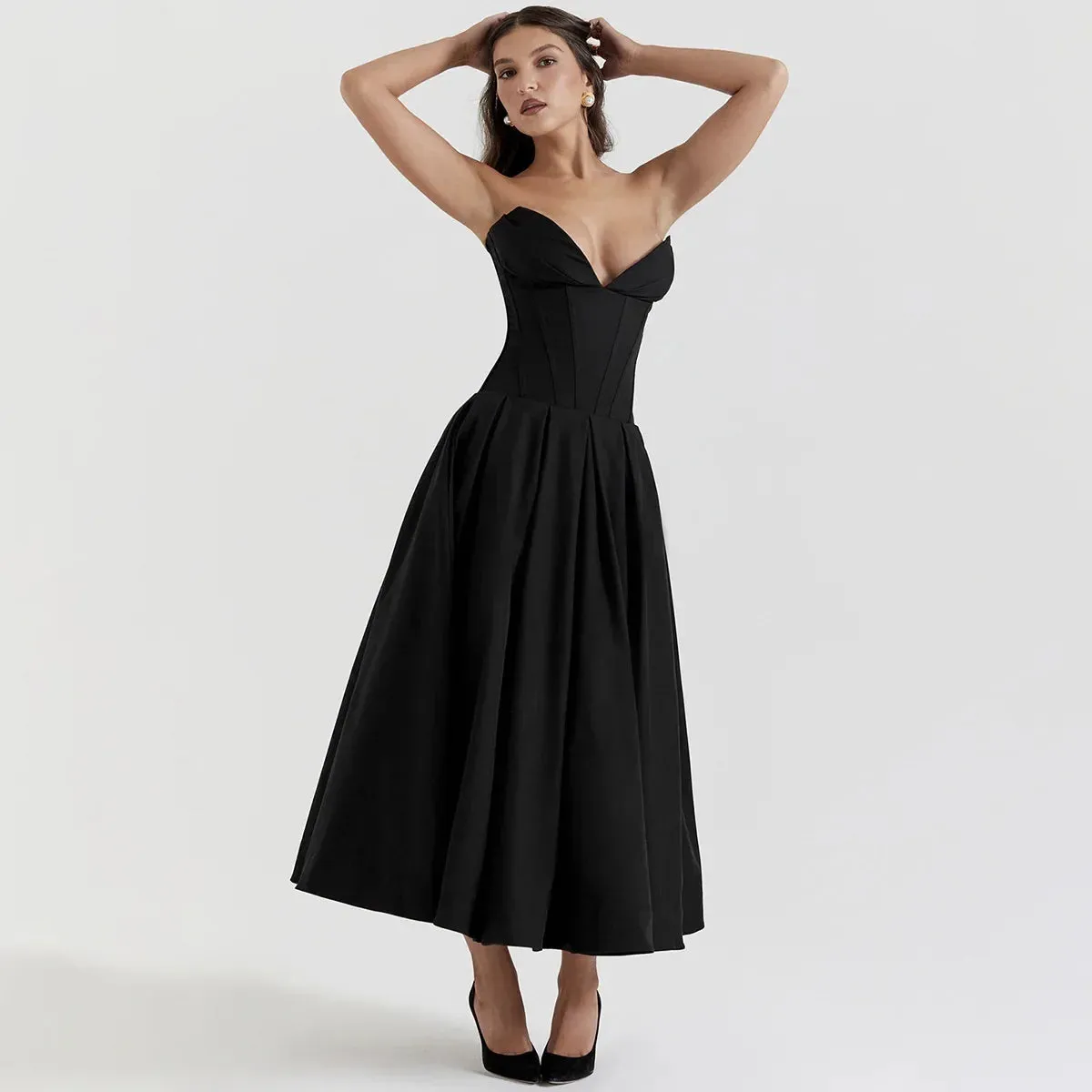 Sladuo Fashion Strapless V Neck Maxi Dress For Women  Sexy Sleeveless Big Hem Club Evening Party Outwear Dresses Vestidos