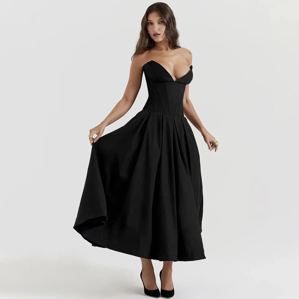 Sladuo Fashion Strapless V Neck Maxi Dress For Women  Sexy Sleeveless Big Hem Club Evening Party Outwear Dresses Vestidos