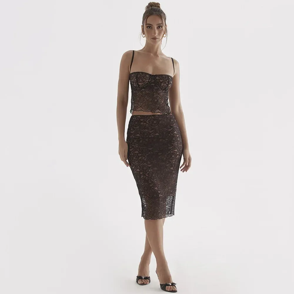 Sladuo Women Sexy Floral Lace Two Piece Deep Squard Neck Spaghetti Strap Bodycon Club Party Midi Dress Sets