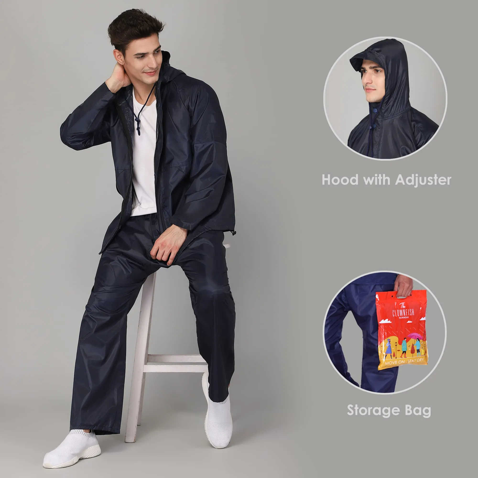 THE CLOWNFISH Rain Coat for Men Waterproof for Bike Raincoat for Men with Hood. Set of Top and Bottom. Classic Pro Series (Blue, XX-Large)