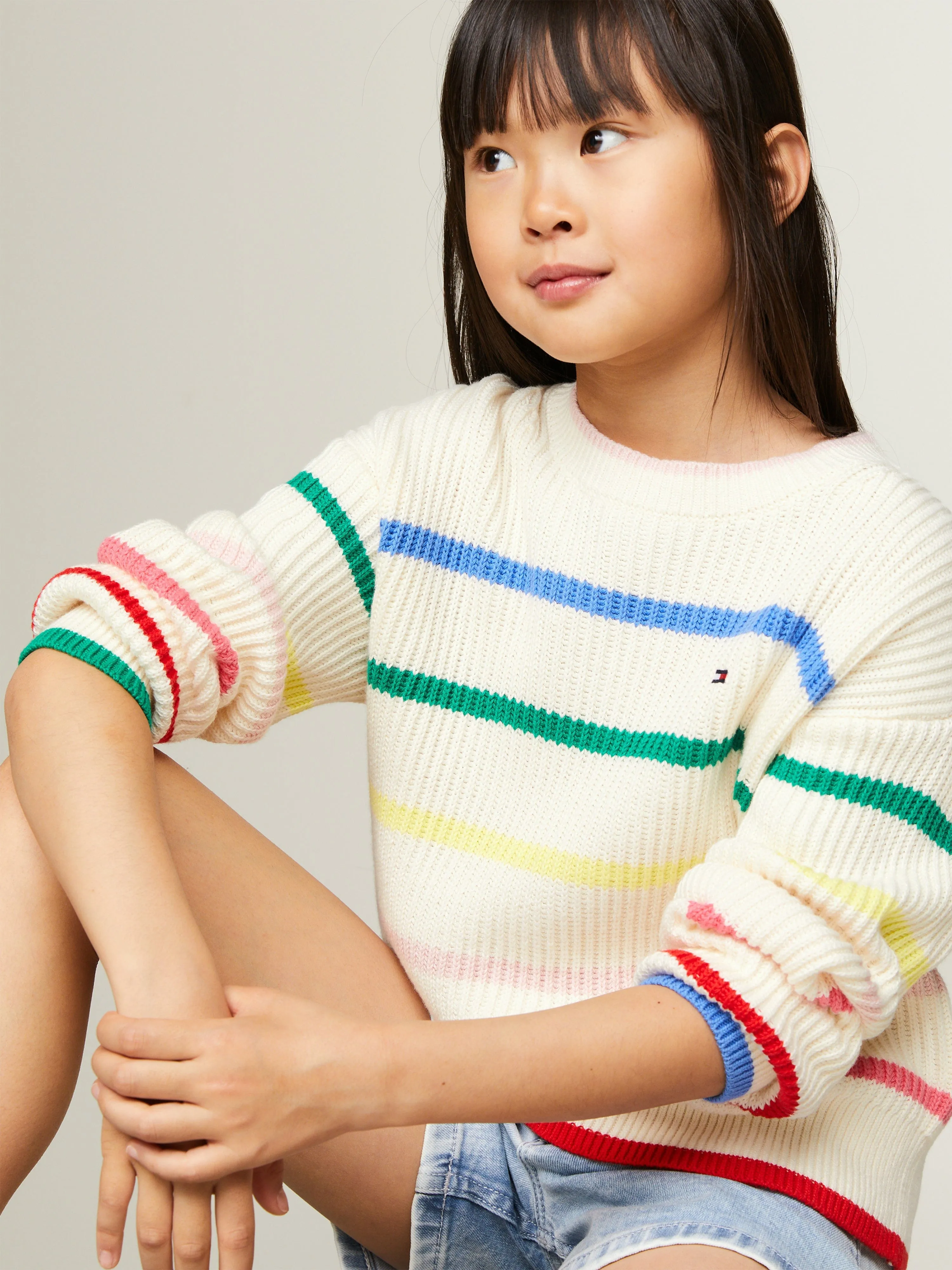 Tommy Hilfiger Girls Multi Stripe Structure Sweatshirt in Ivory