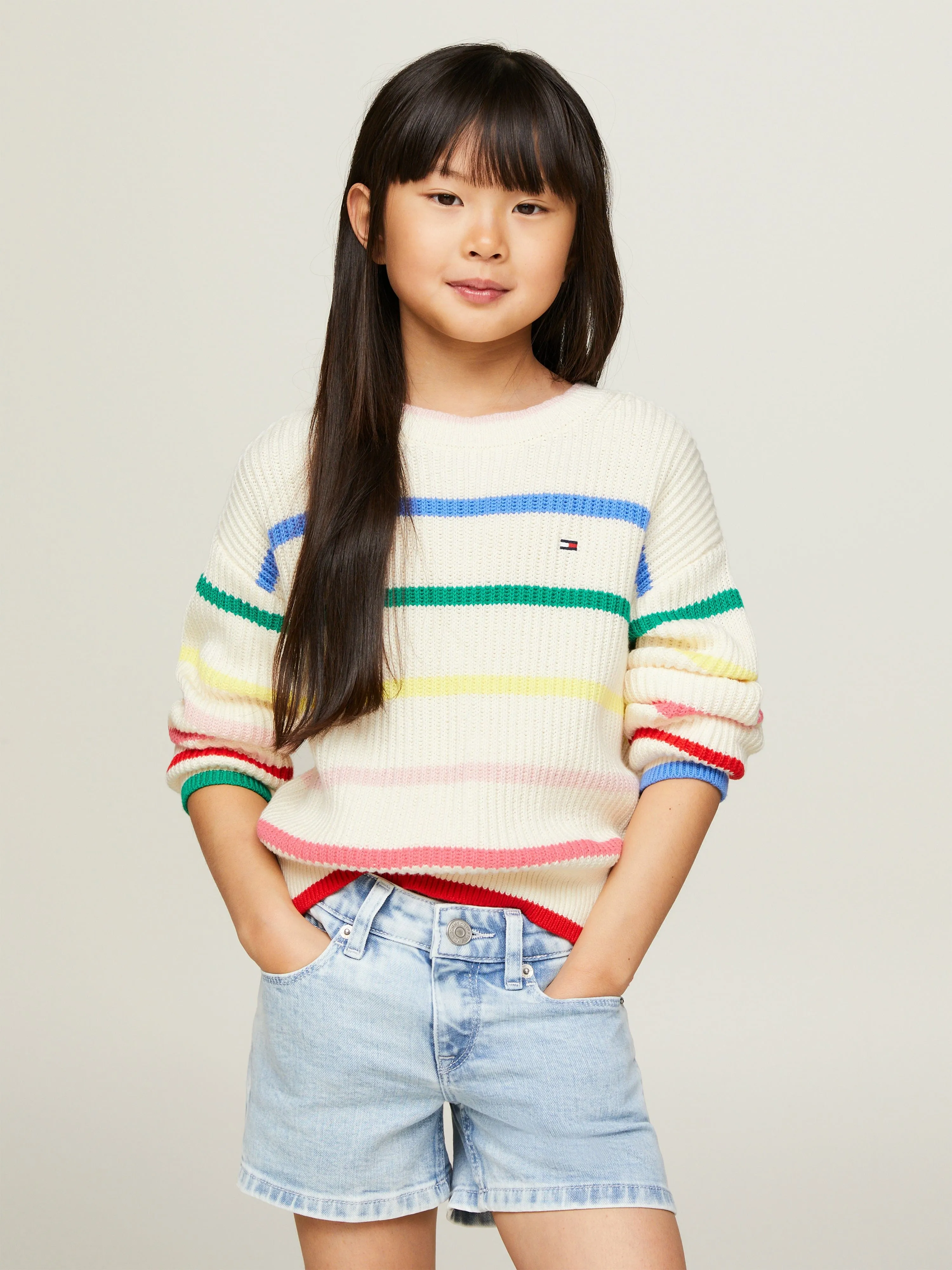 Tommy Hilfiger Girls Multi Stripe Structure Sweatshirt in Ivory