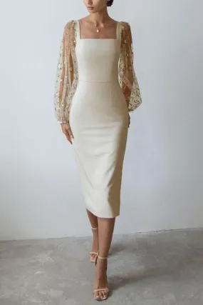 Tulle Sleeve Square Neck Bodycon Midi Dress