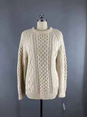 Vintage 1960s Ivory Wool Fisherman's Crew Neck Sweater