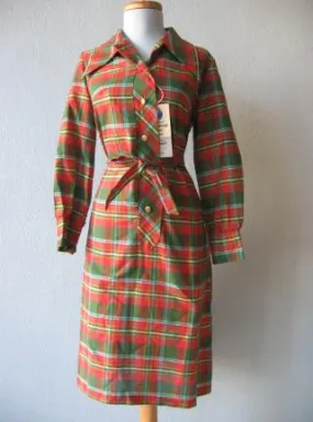 Vintage 60s Deadstock Day Dress Red Green Plaid Shift XL Debi Set Classic VFG New Old Stock
