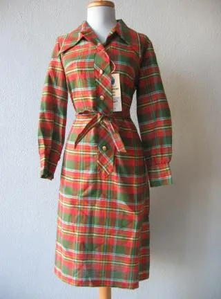 Vintage 60s Deadstock Day Dress Red Green Plaid Shift XL Debi Set Classic VFG New Old Stock