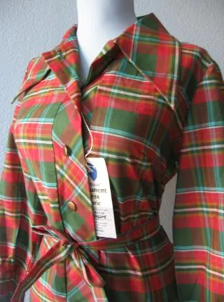 Vintage 60s Deadstock Day Dress Red Green Plaid Shift XL Debi Set Classic VFG New Old Stock