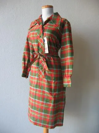 Vintage 60s Deadstock Day Dress Red Green Plaid Shift XL Debi Set Classic VFG New Old Stock