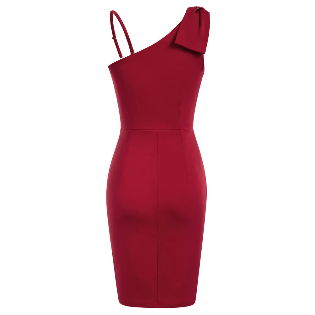 Women One Shoulder Dress Ruffle Decorated Front Slit Bodycon Dress