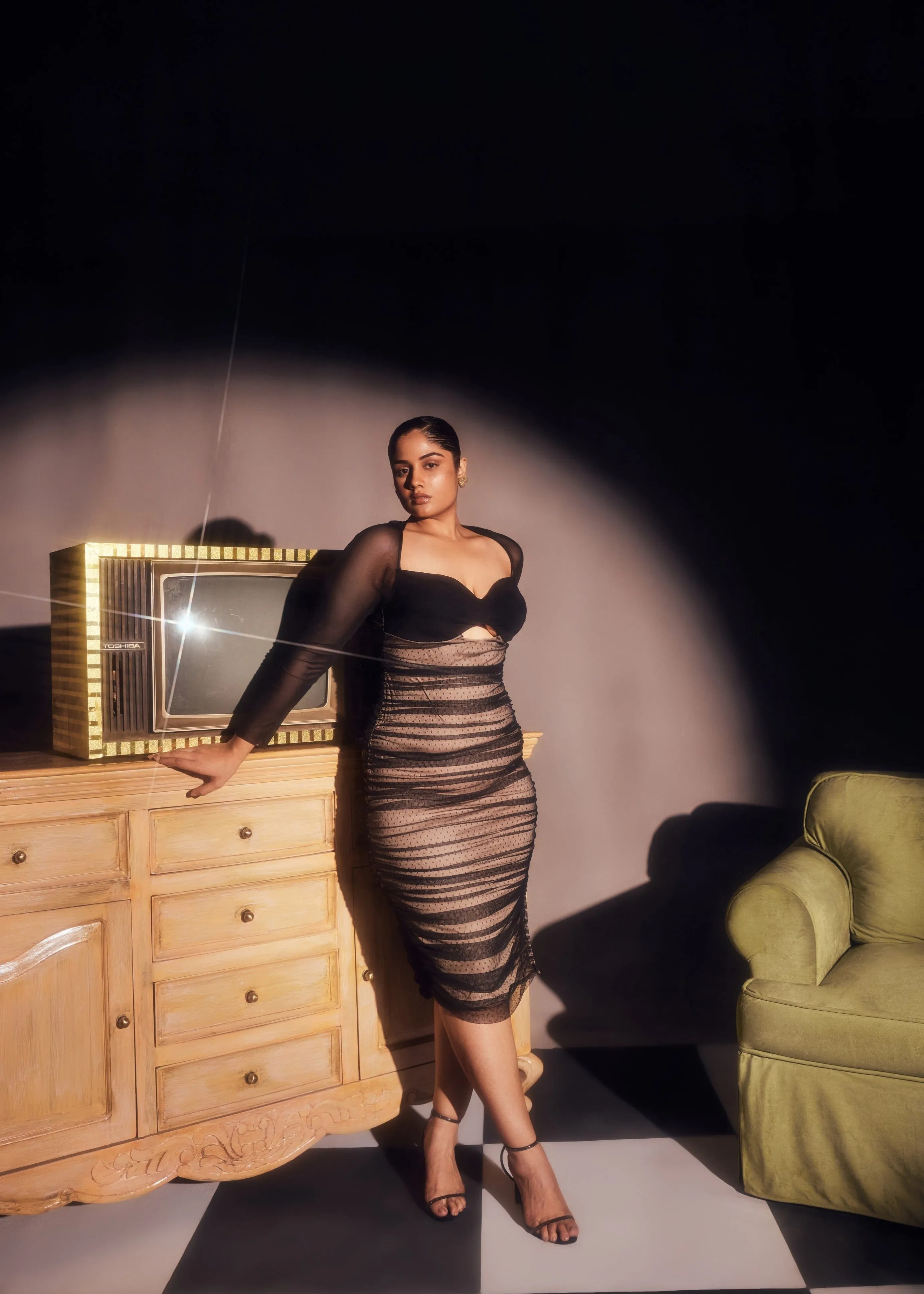 Zorina Black and Nude Ruched Mesh Bodycon Dress