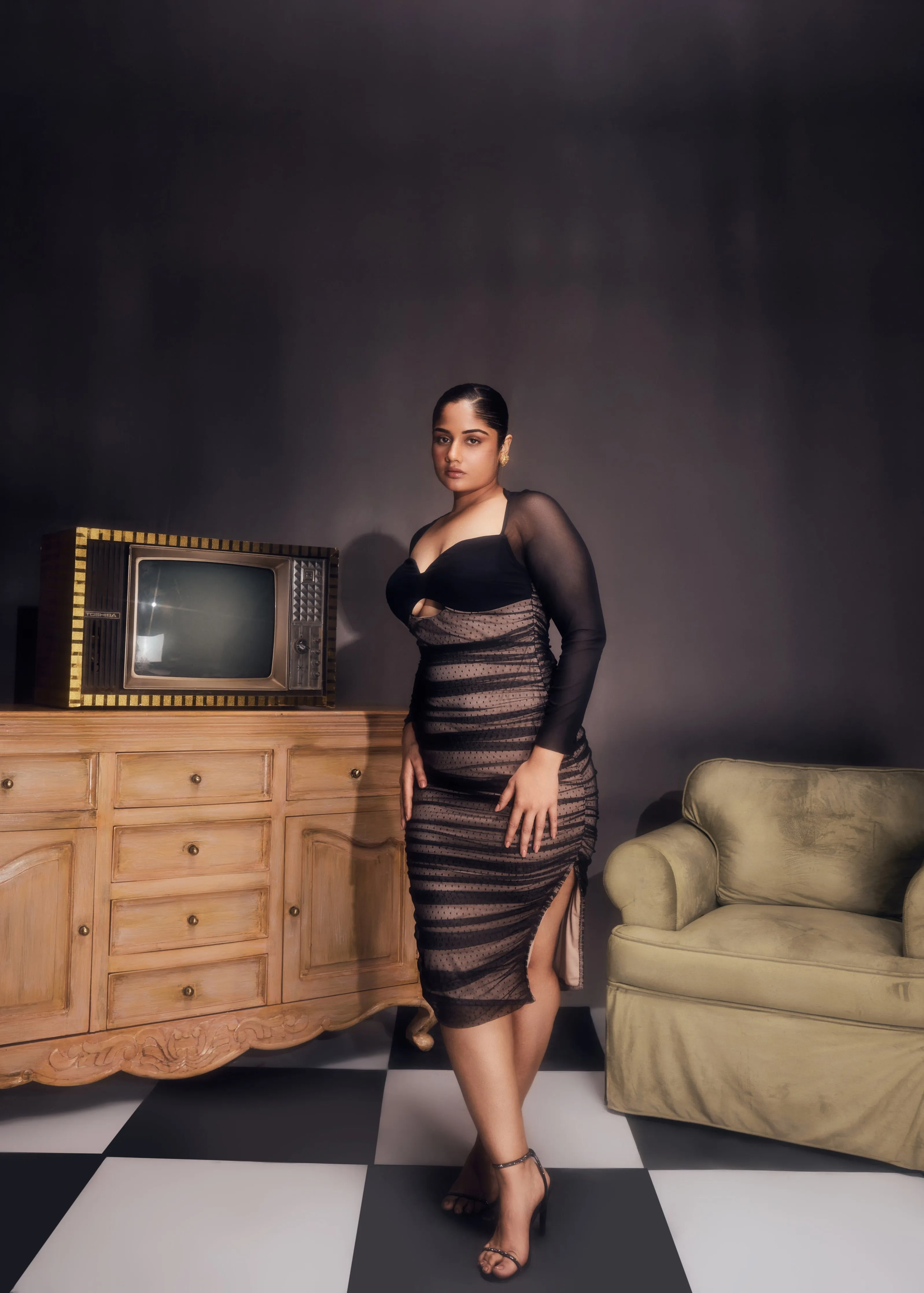 Zorina Black and Nude Ruched Mesh Bodycon Dress