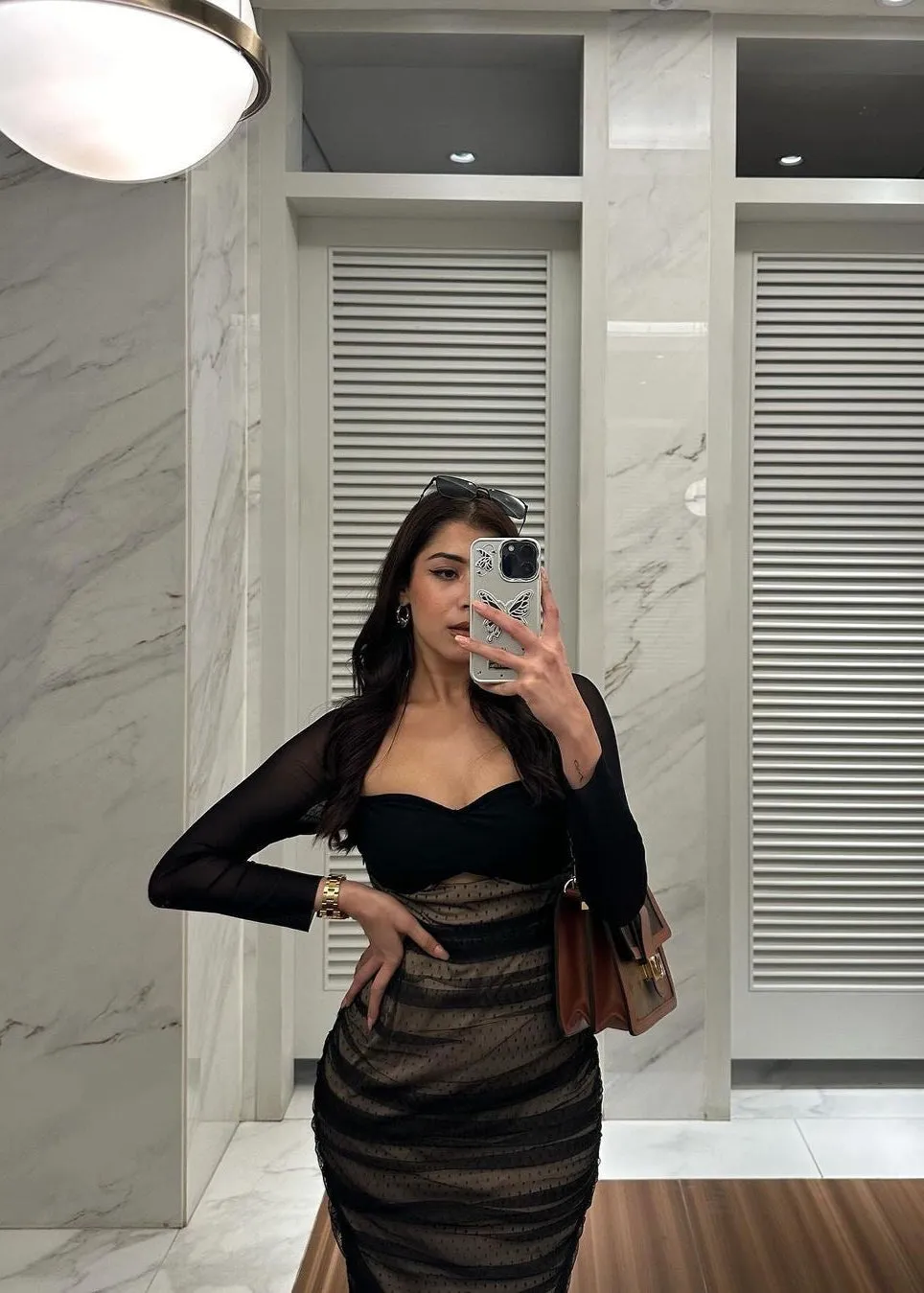 Zorina Black and Nude Ruched Mesh Bodycon Dress