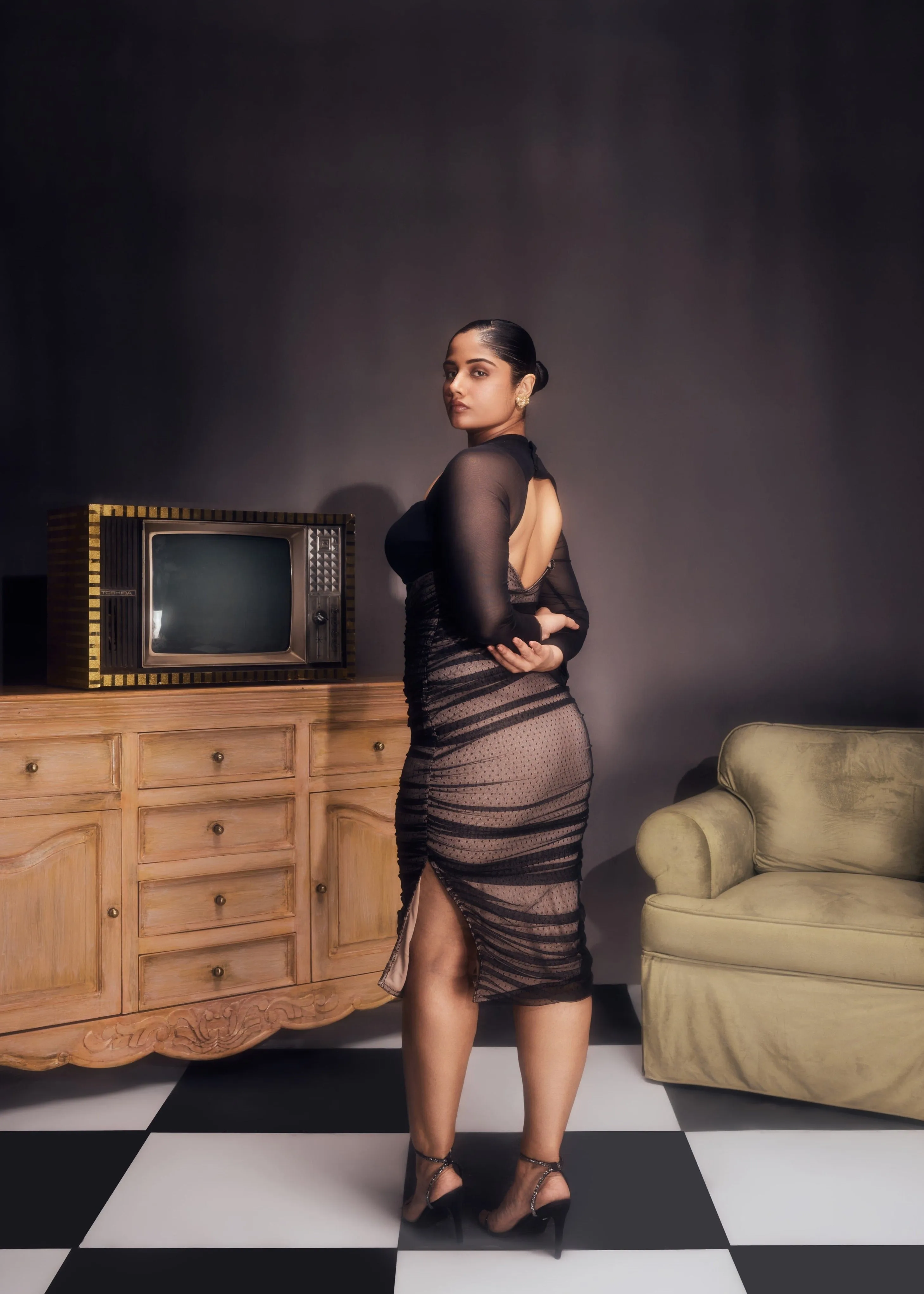 Zorina Black and Nude Ruched Mesh Bodycon Dress