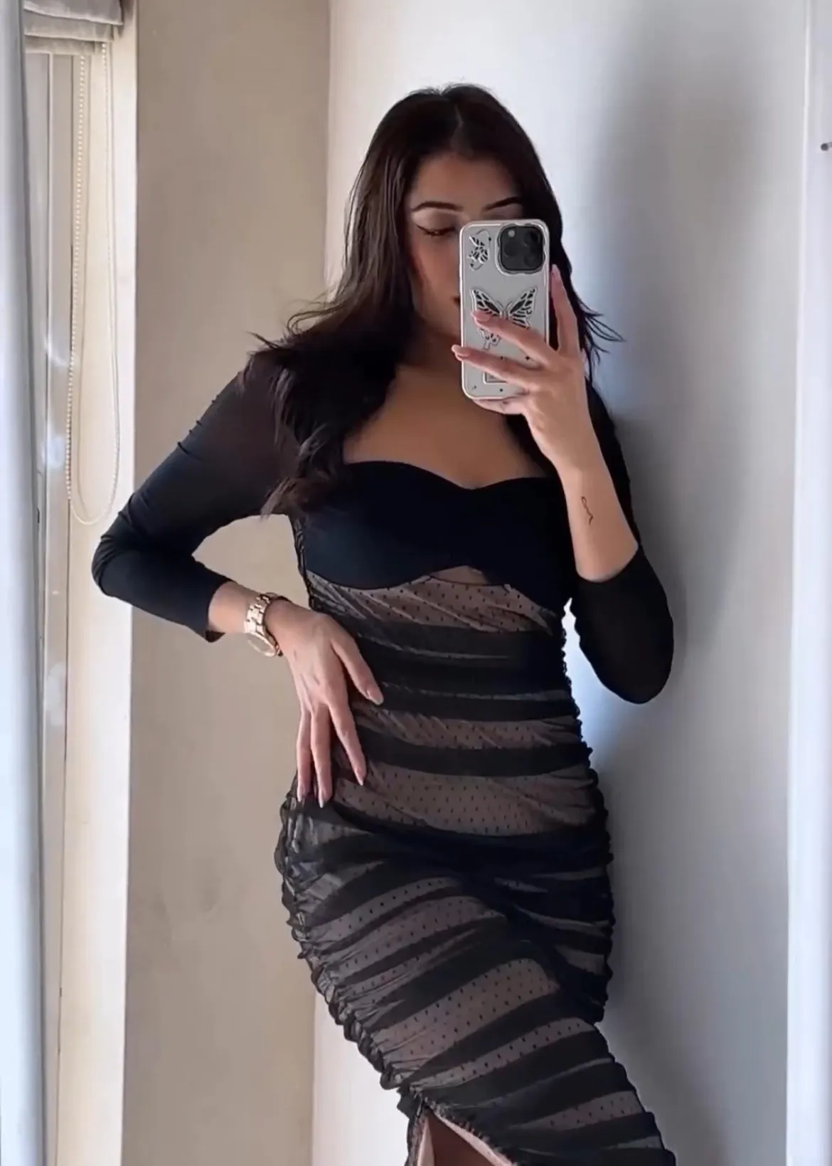 Zorina Black and Nude Ruched Mesh Bodycon Dress
